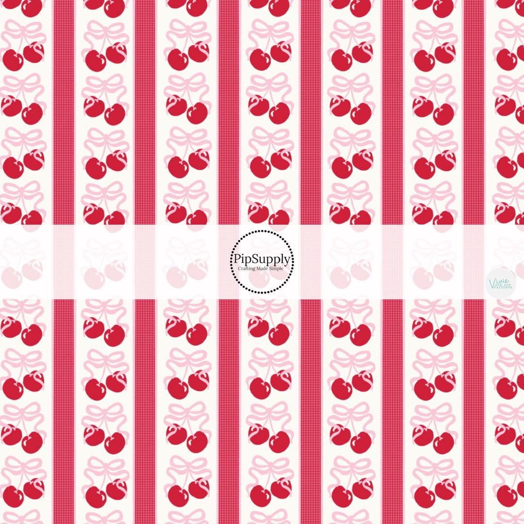 This holiday fabric by the yard features Valentine cherries, bows, and stripes. This festive pattern fabric can be used for all your sewing and crafting needs!