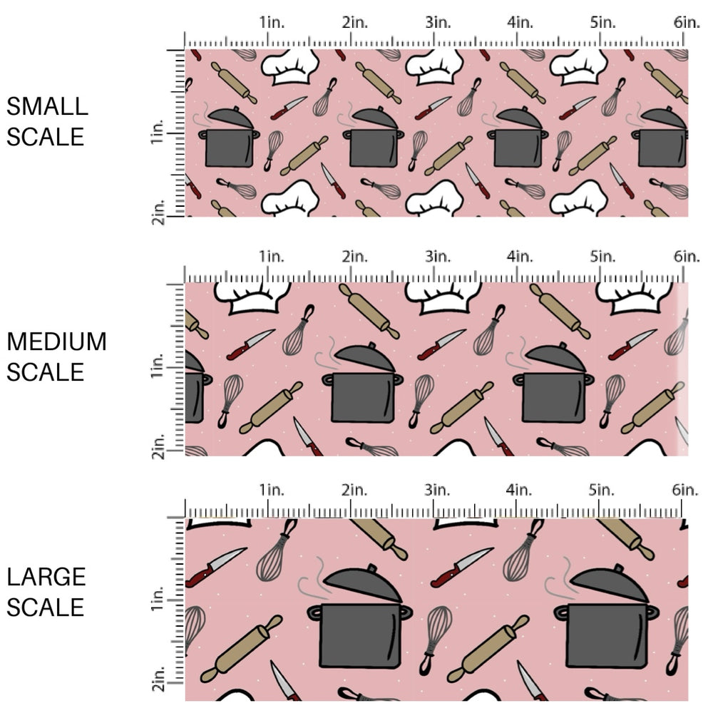 These cooking themed fabric by the yard features cooking hats and kitchen utensils. This fun pattern fabric can be used for all your sewing and crafting needs!