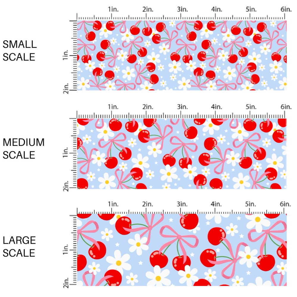 This fruit fabric by the yard features red cherries, bows, and daisies on blue. This fun pattern fabric can be used for all your sewing and crafting needs!