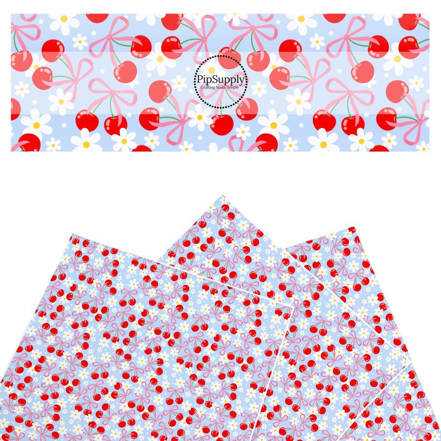 These spring themed faux leather sheets contain the following design elements: red cherries, bows, and daisies on blue. Our CPSIA compliant faux leather sheets or rolls can be used for all types of crafting projects.