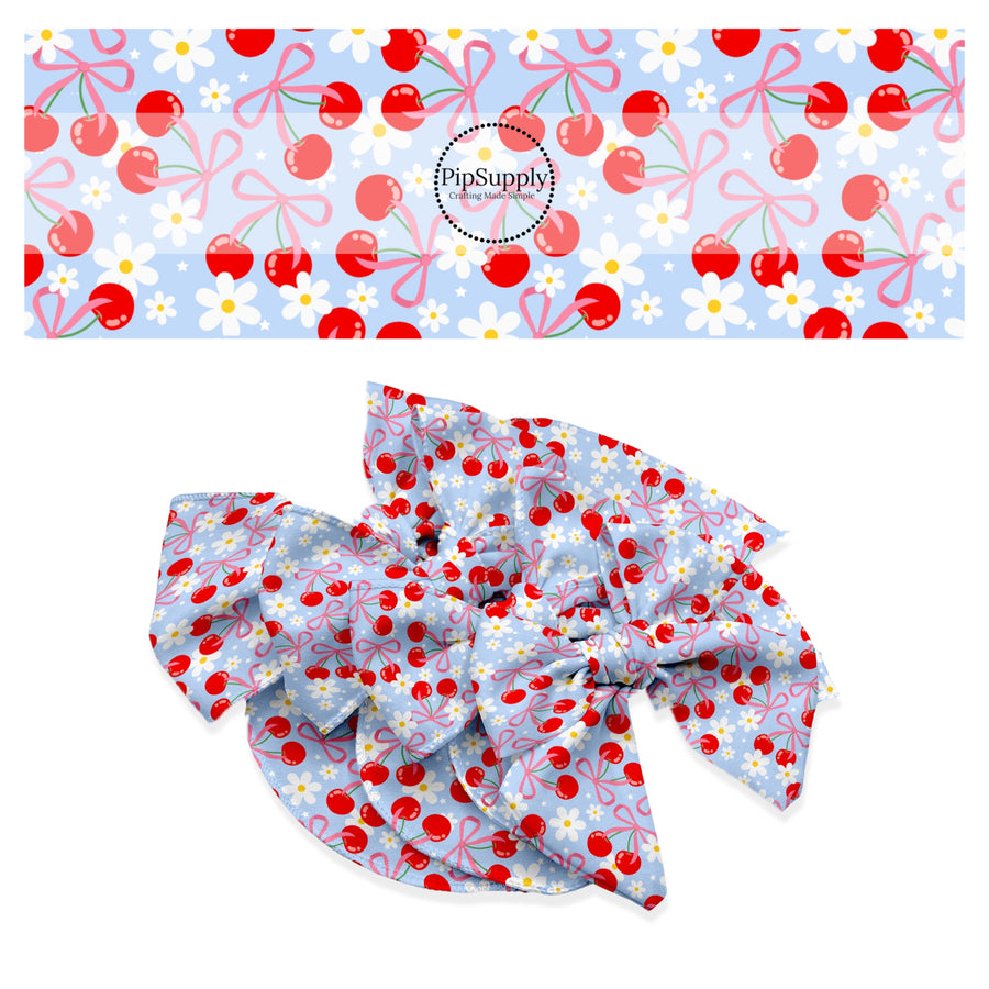 These fruit themed no sew bow strips can be easily tied and attached to a clip for a finished hair bow. These festive bow strips are great for personal use or to sell. These bow strips feature the following design elements: red cherries, bows, and daisies on blue.