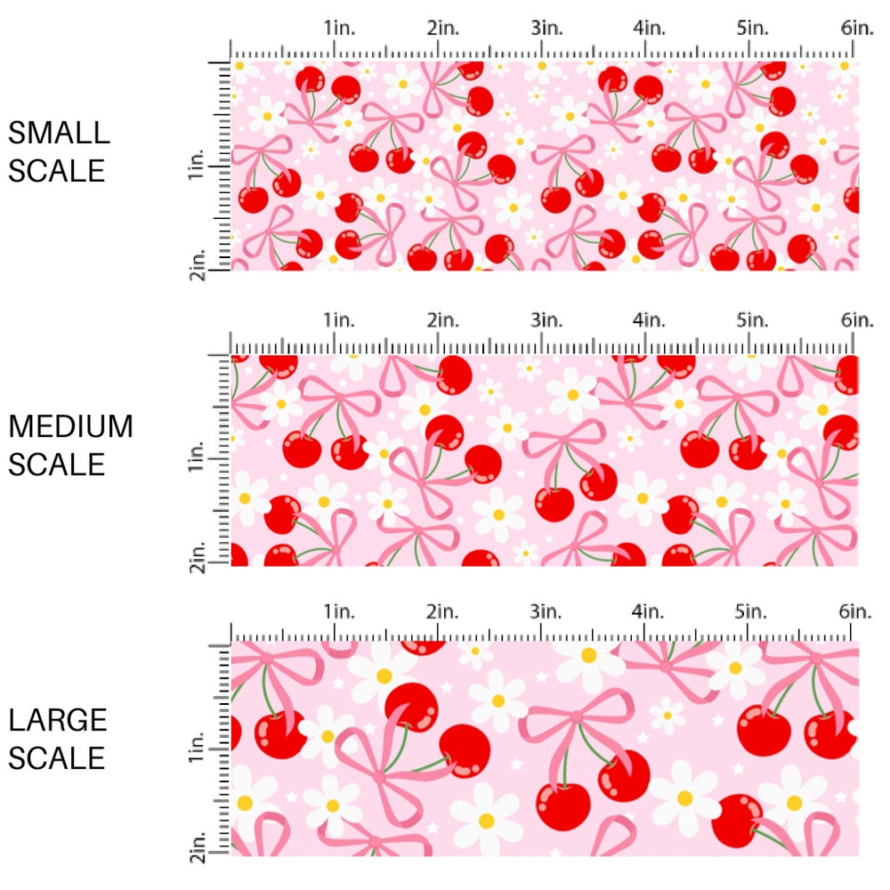 This fruit fabric by the yard features red cherries, bows, and daisies on pink. This fun pattern fabric can be used for all your sewing and crafting needs!