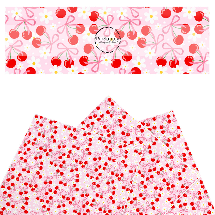 These spring themed faux leather sheets contain the following design elements: red cherries, bows, and daisies on pink. Our CPSIA compliant faux leather sheets or rolls can be used for all types of crafting projects.