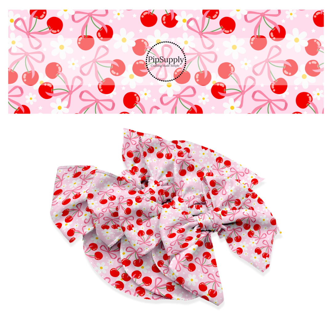 These fruit themed no sew bow strips can be easily tied and attached to a clip for a finished hair bow. These festive bow strips are great for personal use or to sell. These bow strips feature the following design elements: red cherries, bows, and daisies on pink.