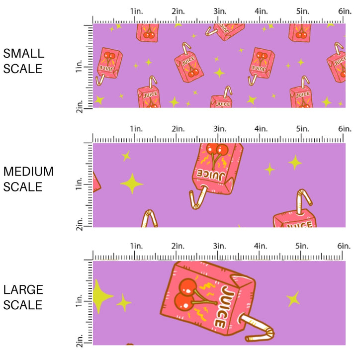 This scale chart of small scale, medium scale, and large scale of these school themed fabric by the yard features juice boxes on purple. This fun themed fabric can be used for all your sewing and crafting needs!