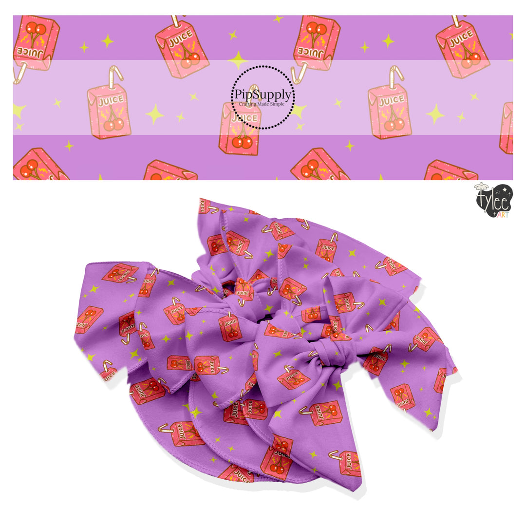 These school themed no sew bow strips can be easily tied and attached to a clip for a finished hair bow. These fun patterned bow strips are great for personal use or to sell. These bow strips feature juice boxes on purple.