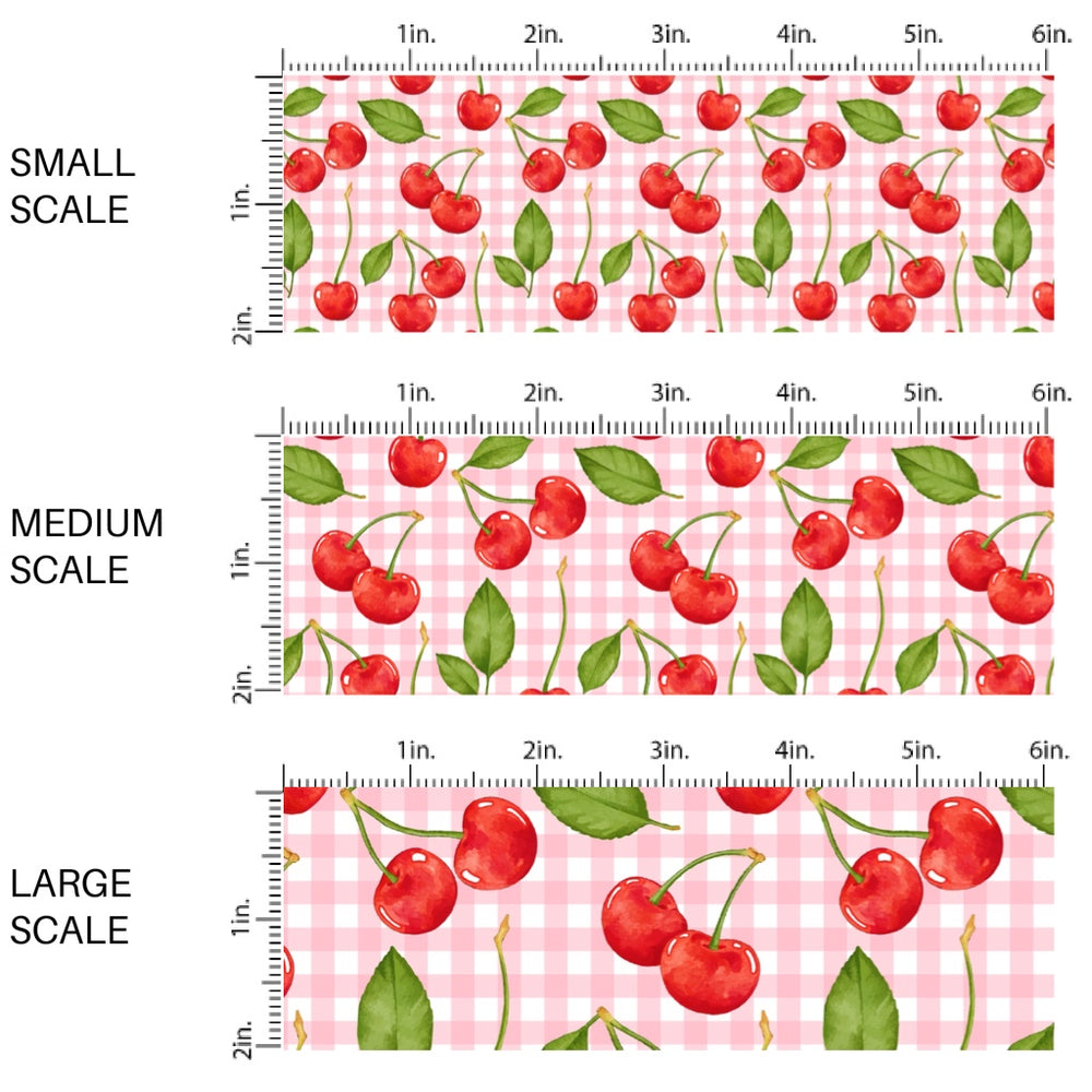 This fruit fabric by the yard features red cherries on a pink and white gingham pattern. This fun pattern fabric can be used for all your sewing and crafting needs!