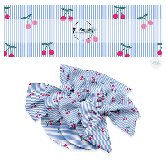 These 4th of July themed no sew bow strips can be easily tied and attached to a clip for a finished hair bow. These patterned bow strips are great for personal use or to sell. These bow strips features cherries on white and blue stripes.