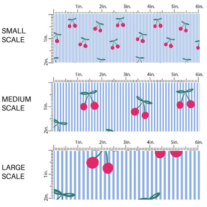 This scale chart of small scale, medium scale, and large scale of this 4th of July fabric by the yard features cherries on white and blue stripes. This fun patriotic themed fabric can be used for all your sewing and crafting needs!