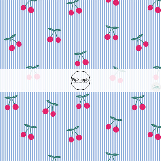 This 4th of July fabric by the yard features cherries on white and blue stripes. This fun patriotic themed fabric can be used for all your sewing and crafting needs!