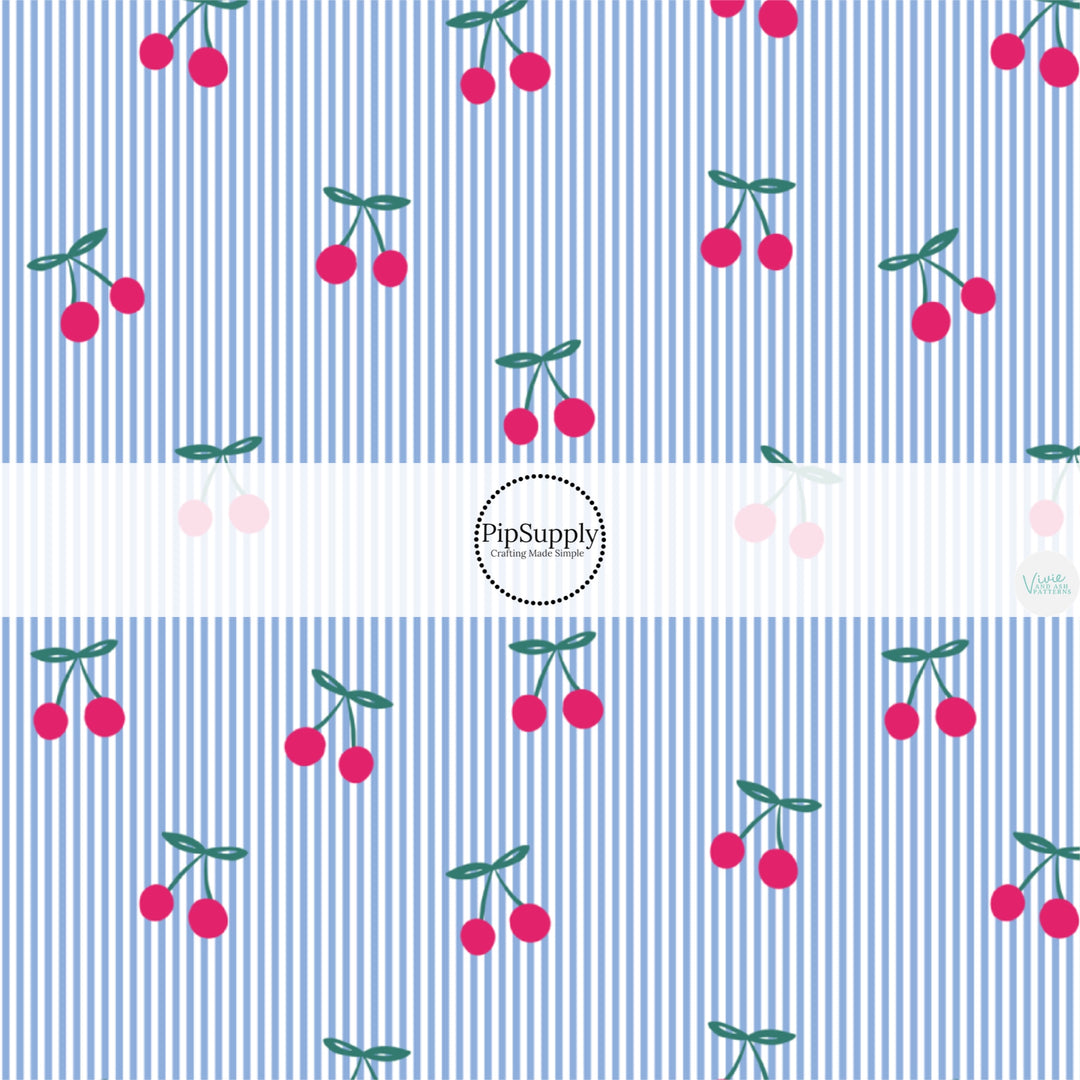 This 4th of July fabric by the yard features cherries on white and blue stripes. This fun patriotic themed fabric can be used for all your sewing and crafting needs!