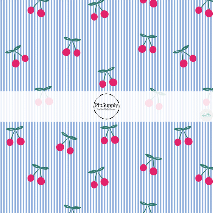 This 4th of July fabric by the yard features cherries on white and blue stripes. This fun patriotic themed fabric can be used for all your sewing and crafting needs!