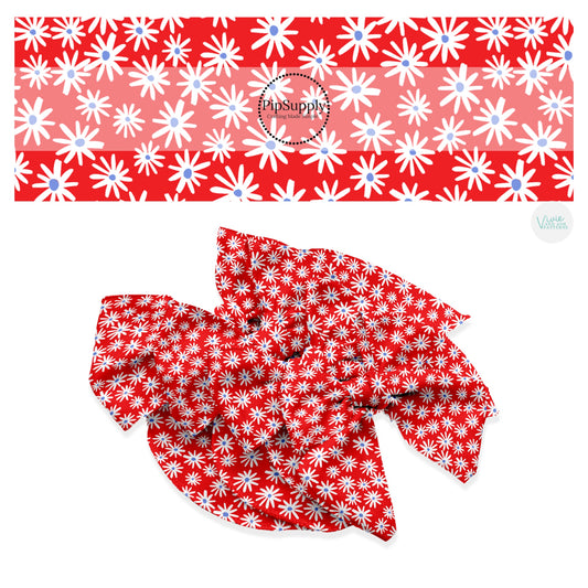 These 4th of July themed no sew bow strips can be easily tied and attached to a clip for a finished hair bow. These patterned bow strips are great for personal use or to sell. These bow strips features daisies on cherry red.