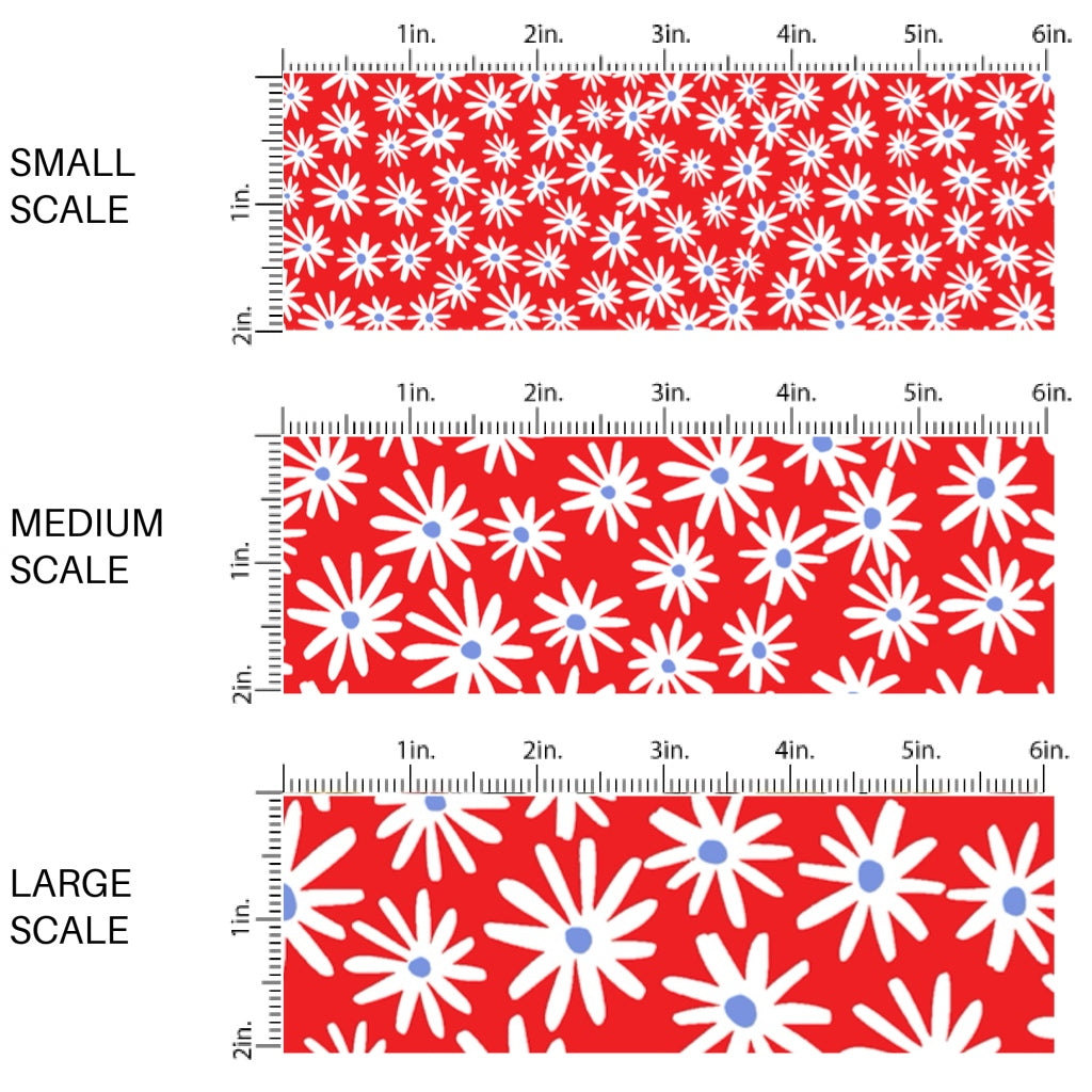 This scale chart of small scale, medium scale, and large scale of this 4th of July fabric by the yard features daisies on cherry red. This fun patriotic themed fabric can be used for all your sewing and crafting needs!