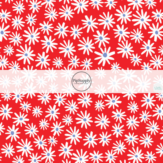 This 4th of July fabric by the yard features daisies on cherry red. This fun patriotic themed fabric can be used for all your sewing and crafting needs!