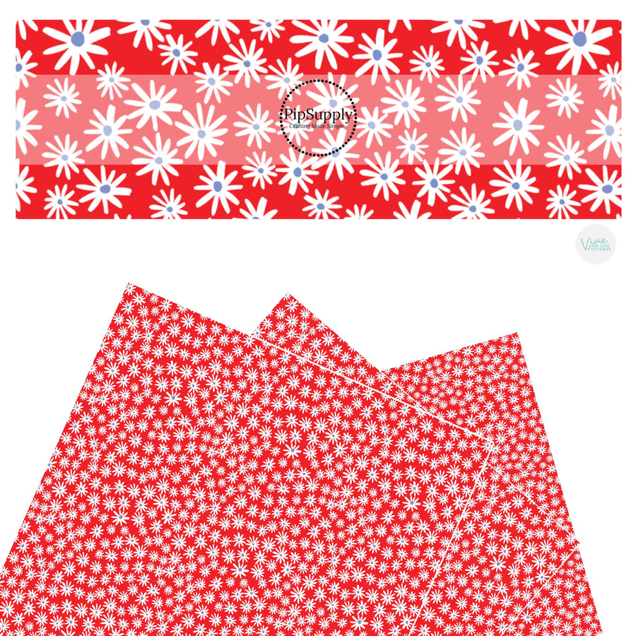 These 4th of July faux leather sheets contain the following design elements: daisies on cherry red. Our CPSIA compliant faux leather sheets or rolls can be used for all types of crafting projects.