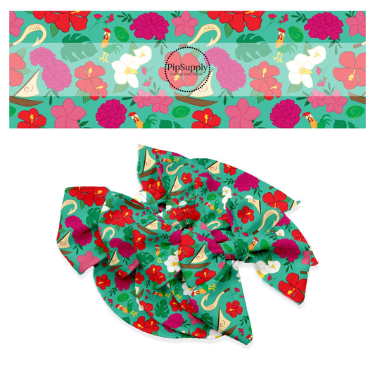 Sailboat, fishhook, flowers, chicken on green hair bow strips 