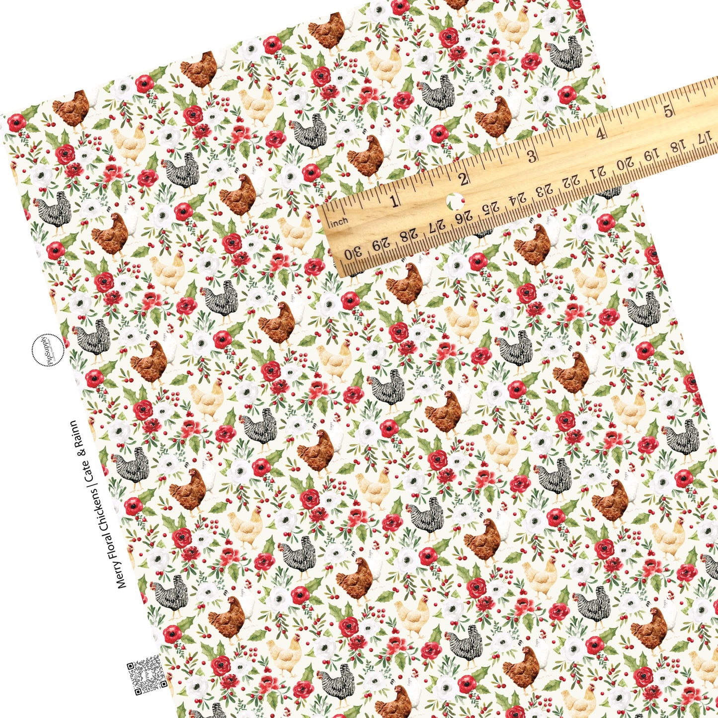 Floral multi chickens on white faux leather sheets