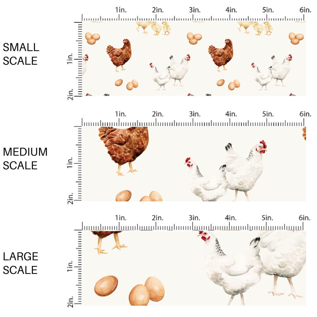 These spring and summer pattern fabric by the yard features farm and meadow chickens. This fun fabric can be used for all your sewing and crafting needs!