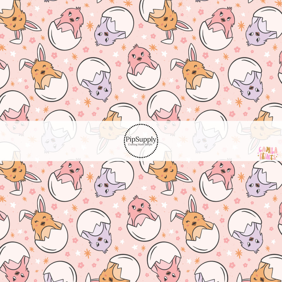 This Easter themed fabric by the yard features colorful baby chicks in their shell. This fun pattern fabric can be used for all your sewing and crafting needs!