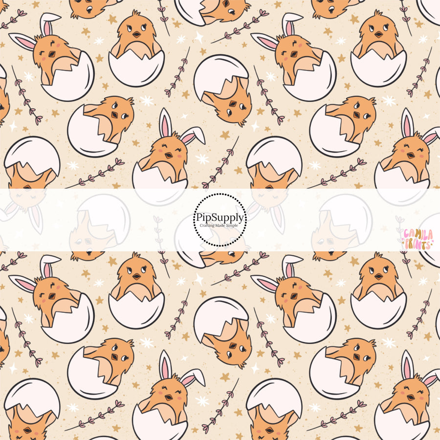 This Easter themed fabric by the yard features colorful baby chicks in their shell. This fun pattern fabric can be used for all your sewing and crafting needs!