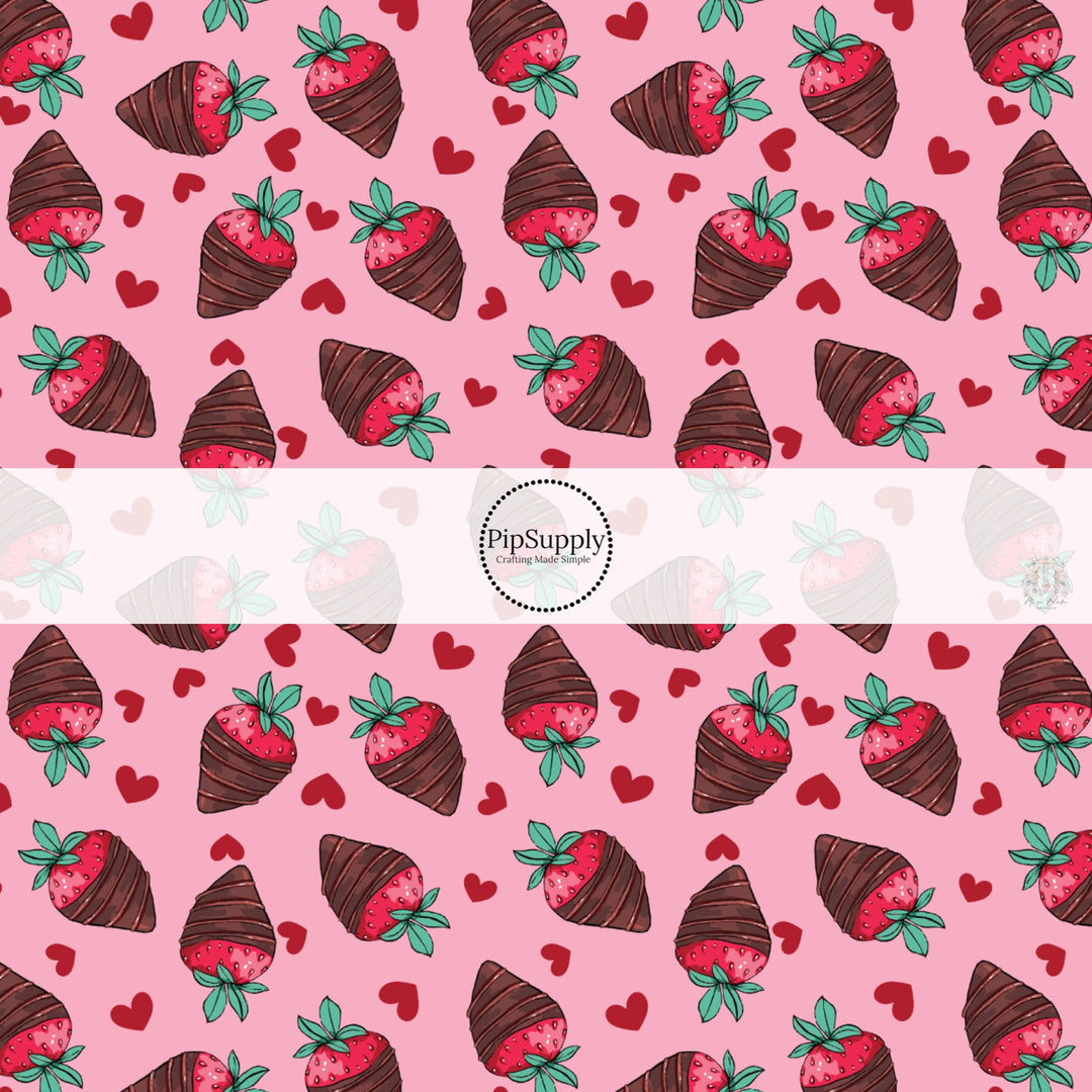 This holiday fabric by the yard features chocolate covered strawberries. This festive pattern fabric can be used for all your sewing and crafting needs!