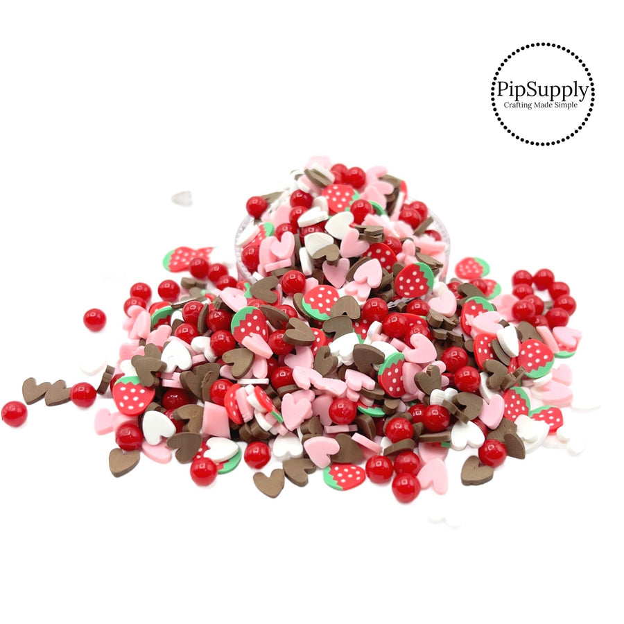 This clay slices mix is versatile for many craft projects. This Valentine's Day mix has strawberries, pink, red, and white hearts. You can use it to add sparkle and decoration to resin projects, filling for shaker bows, slime making, party decor, scrapbooking, card making and nail art.