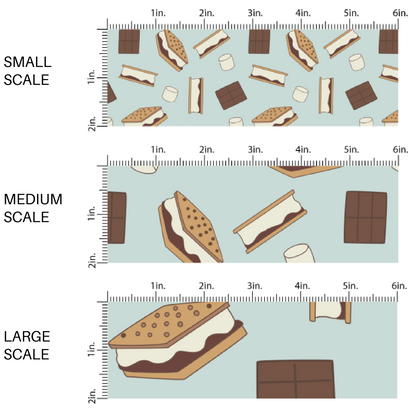 This scale chart of small scale, medium scale, and large scale  of these camping smores white fabric by the yard features chocolate, graham crackers, and marshmallows on light blue. This fun outdoor dessert themed fabric can be used for all your sewing and crafting needs! 