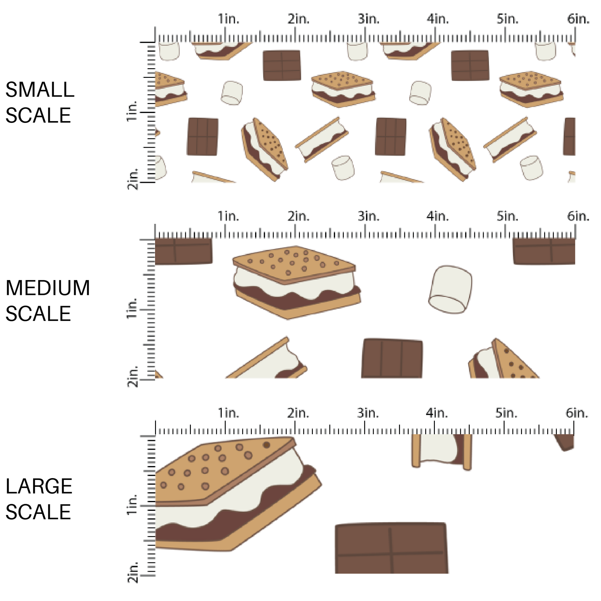 This scale chart of small scale, medium scale, and large scale of these camping smores white fabric by the yard features chocolate, graham crackers, and marshmallows on white. This fun outdoor dessert themed fabric can be used for all your sewing and crafting needs! 