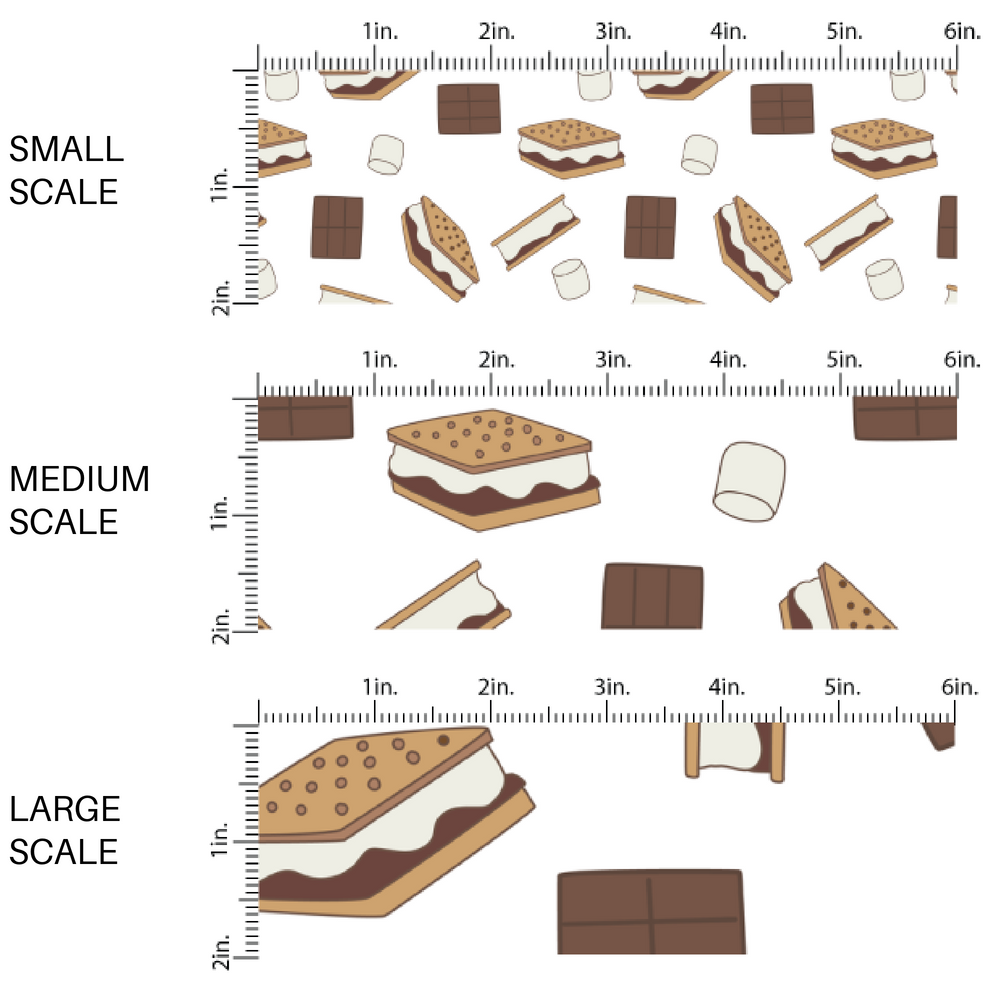 This scale chart of small scale, medium scale, and large scale of these camping smores white fabric by the yard features chocolate, graham crackers, and marshmallows on white. This fun outdoor dessert themed fabric can be used for all your sewing and crafting needs! 