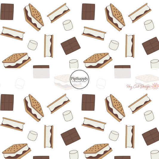 These camping smores white fabric by the yard features chocolate, graham crackers, and marshmallows on white. This fun outdoor dessert themed fabric can be used for all your sewing and crafting needs! 