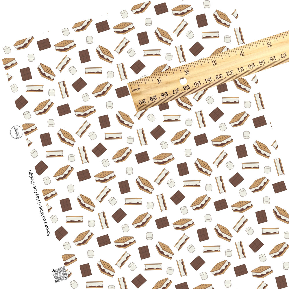 These camping smores white faux leather sheets contain the following design elements: chocolate, graham crackers, and marshmallows on white. Our CPSIA compliant faux leather sheets or rolls can be used for all types of crafting projects. 