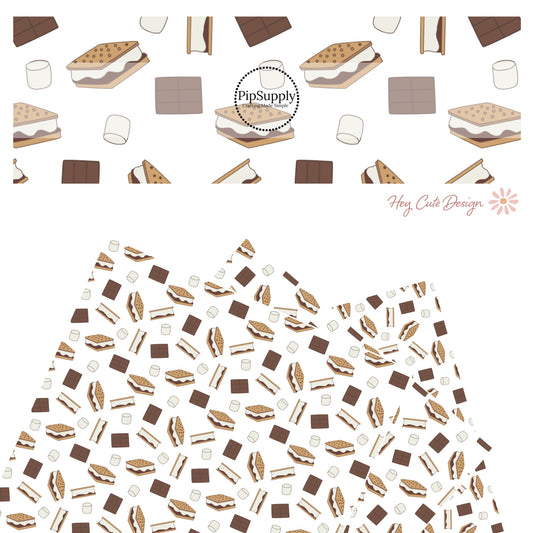 These camping smores white faux leather sheets contain the following design elements: chocolate, graham crackers, and marshmallows on white. Our CPSIA compliant faux leather sheets or rolls can be used for all types of crafting projects. 