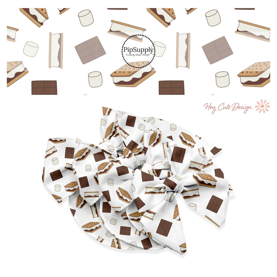 These camping smores white no sew bow strips can be easily tied and attached to a clip for a finished hair bow. These fun outdoor dessert bow strips features chocolate, graham crackers, and marshmallows on white are great for personal use or to sell.