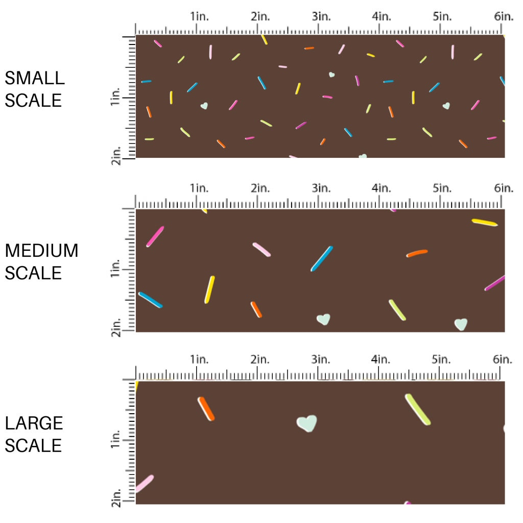 This scale chart of small scale, medium scale, and large scale of this ice cream sprinkles fabric by the yard features sprinkles on chocolate ice cream. This fun themed fabric can be used for all your sewing and crafting needs!