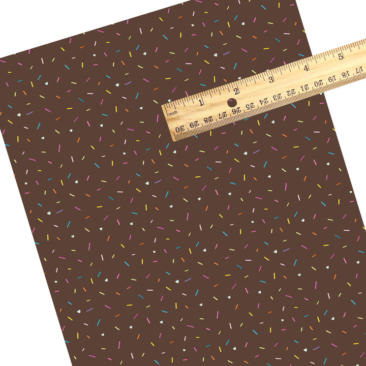 These ice cream sprinkles faux leather sheets contain the following design elements: chocolate sprinkles on chocolate ice cream. Our CPSIA compliant faux leather sheets or rolls can be used for all types of crafting projects.