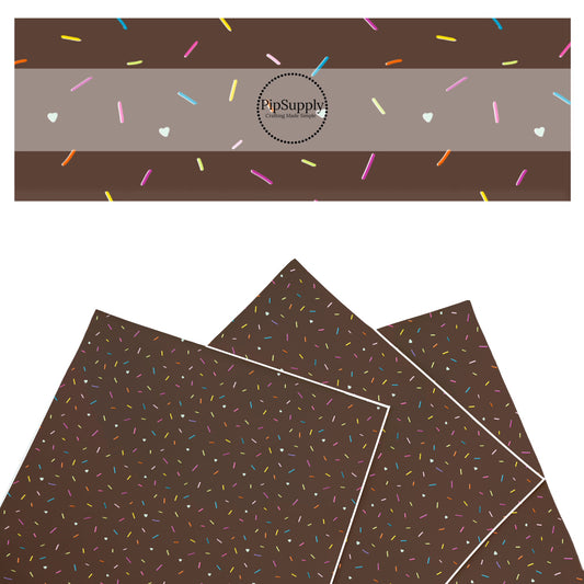 These ice cream sprinkles faux leather sheets contain the following design elements: chocolate sprinkles on chocolate ice cream. Our CPSIA compliant faux leather sheets or rolls can be used for all types of crafting projects.
