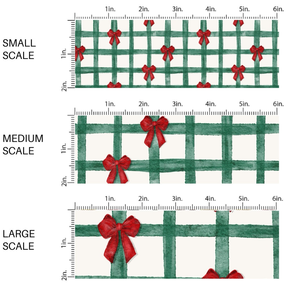 These Christmas themed pattern fabric by the yard features the following design elements: Christmas green gingham pattern with red bows. This fun themed fabric can be used for all your sewing and crafting needs!