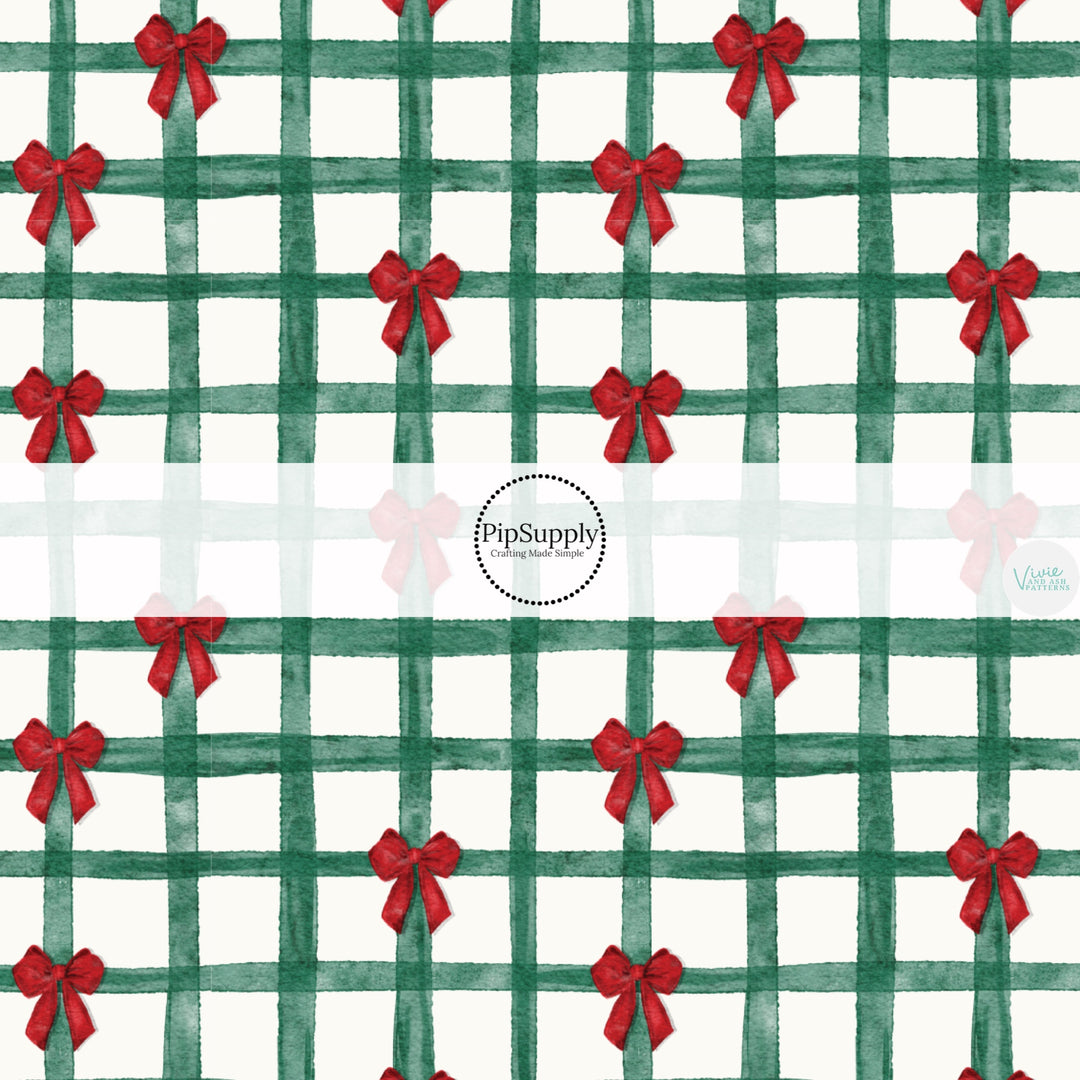 These Christmas themed pattern fabric by the yard features the following design elements: Christmas green gingham pattern with red bows. This fun themed fabric can be used for all your sewing and crafting needs!