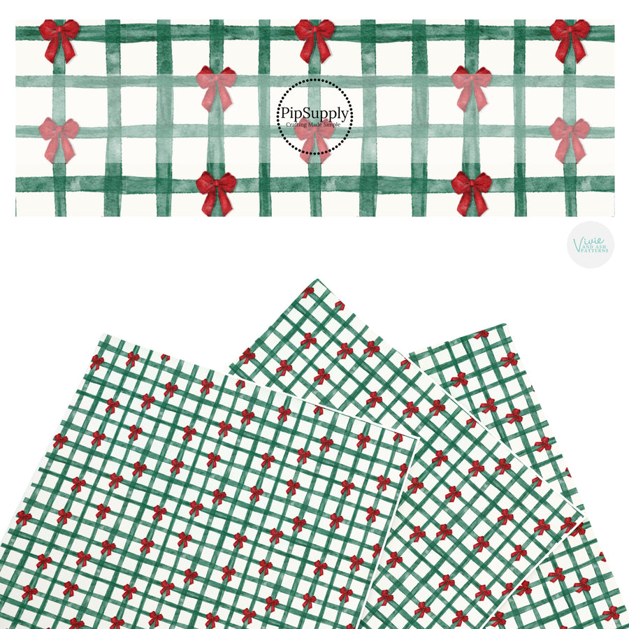 These Christmas themed pattern faux leather sheets contain the following design elements: Christmas green gingham pattern with red bows. Our CPSIA compliant faux leather sheets or rolls can be used for all types of crafting projects.