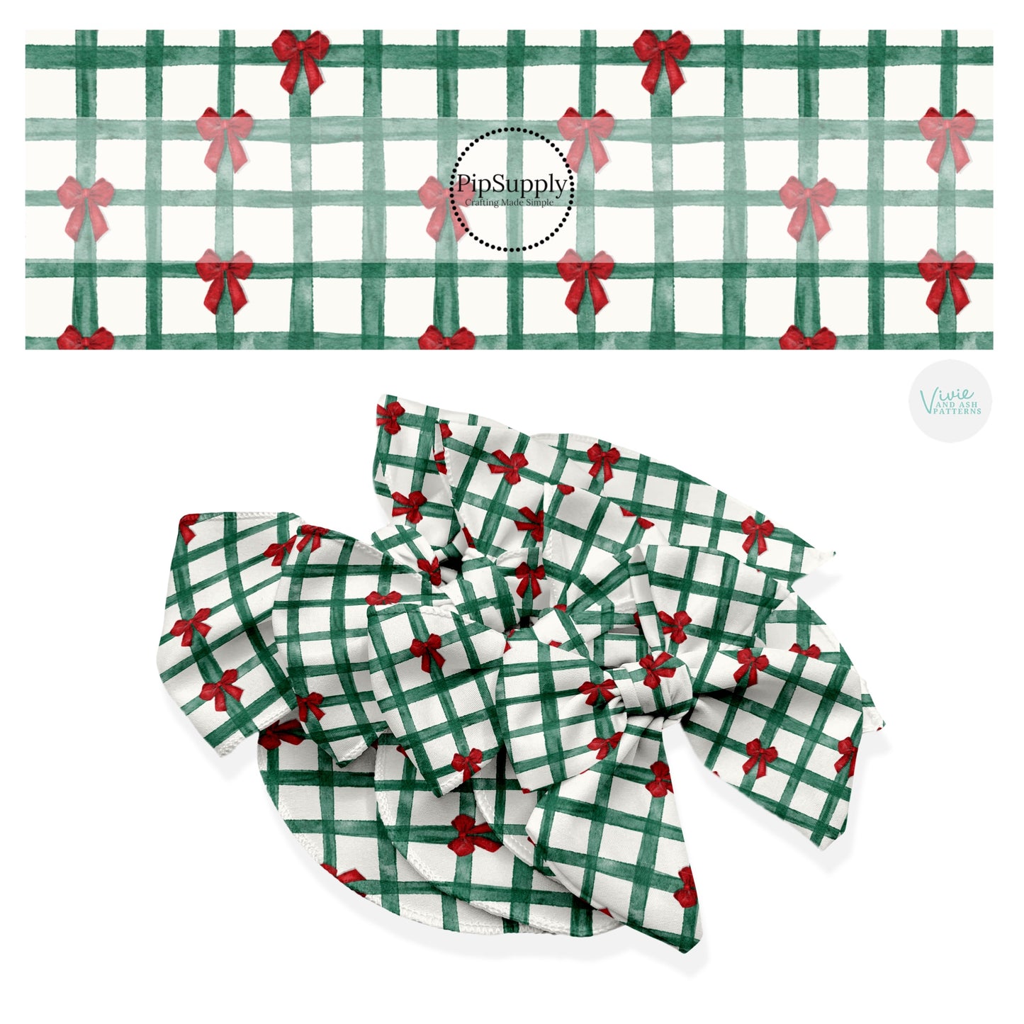 These Christmas themed no sew bow strips can be easily tied and attached to a clip for a finished hair bow. These fun patterned bow strips are great for personal use or to sell. These bow strips feature the following design elements: Christmas green gingham pattern with red bows.