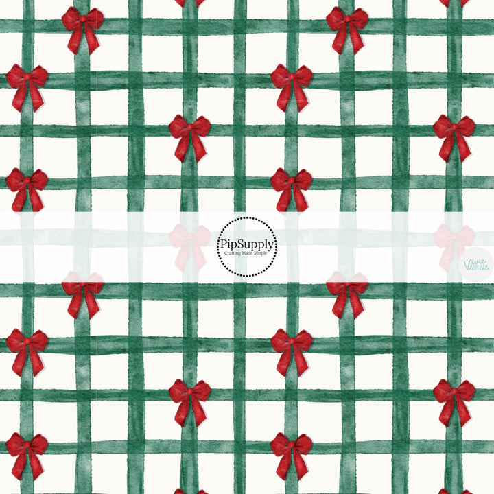 These Christmas themed no sew bow strips can be easily tied and attached to a clip for a finished hair bow. These fun patterned bow strips are great for personal use or to sell. These bow strips feature the following design elements: Christmas green gingham pattern with red bows.