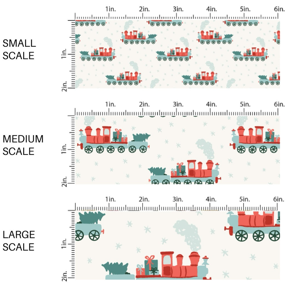 These Christmas themed pattern fabric by the yard features the following design elements: Christmas choo choo train pattern. This fun themed fabric can be used for all your sewing and crafting needs!
