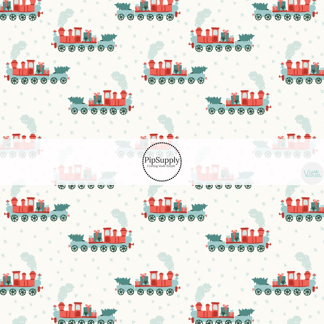 These Christmas themed pattern fabric by the yard features the following design elements: Christmas choo choo train pattern. This fun themed fabric can be used for all your sewing and crafting needs!