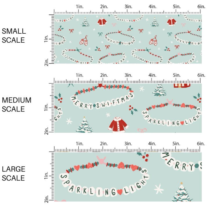 These Christmas themed pattern fabric by the yard features the following design elements: Christmas friendship bracelets on mint. This fun themed fabric can be used for all your sewing and crafting needs!