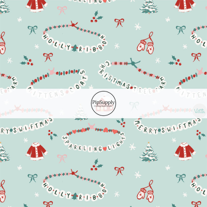 These Christmas themed pattern fabric by the yard features the following design elements: Christmas friendship bracelets on mint. This fun themed fabric can be used for all your sewing and crafting needs!