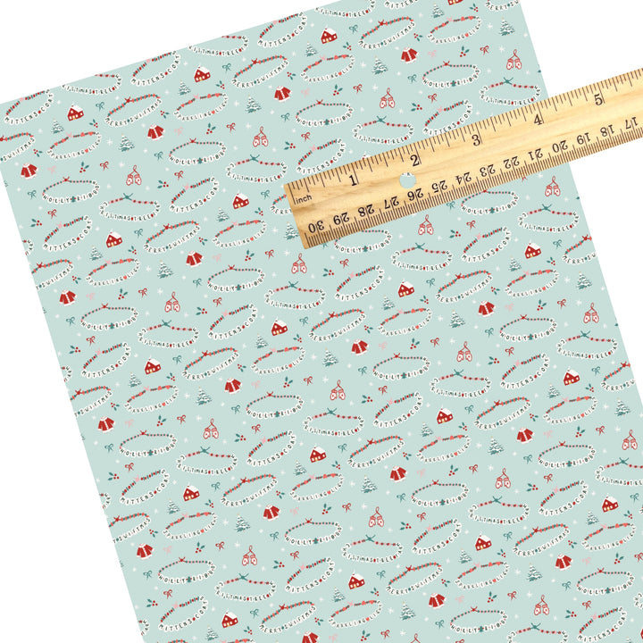 These Christmas themed pattern faux leather sheets contain the following design elements: Christmas friendship bracelets on mint. Our CPSIA compliant faux leather sheets or rolls can be used for all types of crafting projects.