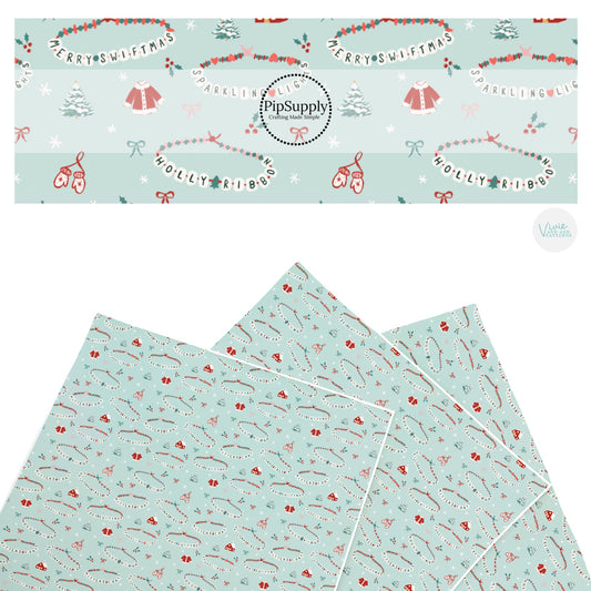 These Christmas themed pattern faux leather sheets contain the following design elements: Christmas friendship bracelets on mint. Our CPSIA compliant faux leather sheets or rolls can be used for all types of crafting projects.