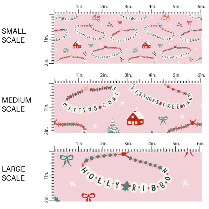 These Christmas themed pattern fabric by the yard features the following design elements: Christmas friendship bracelets on pink. This fun themed fabric can be used for all your sewing and crafting needs!