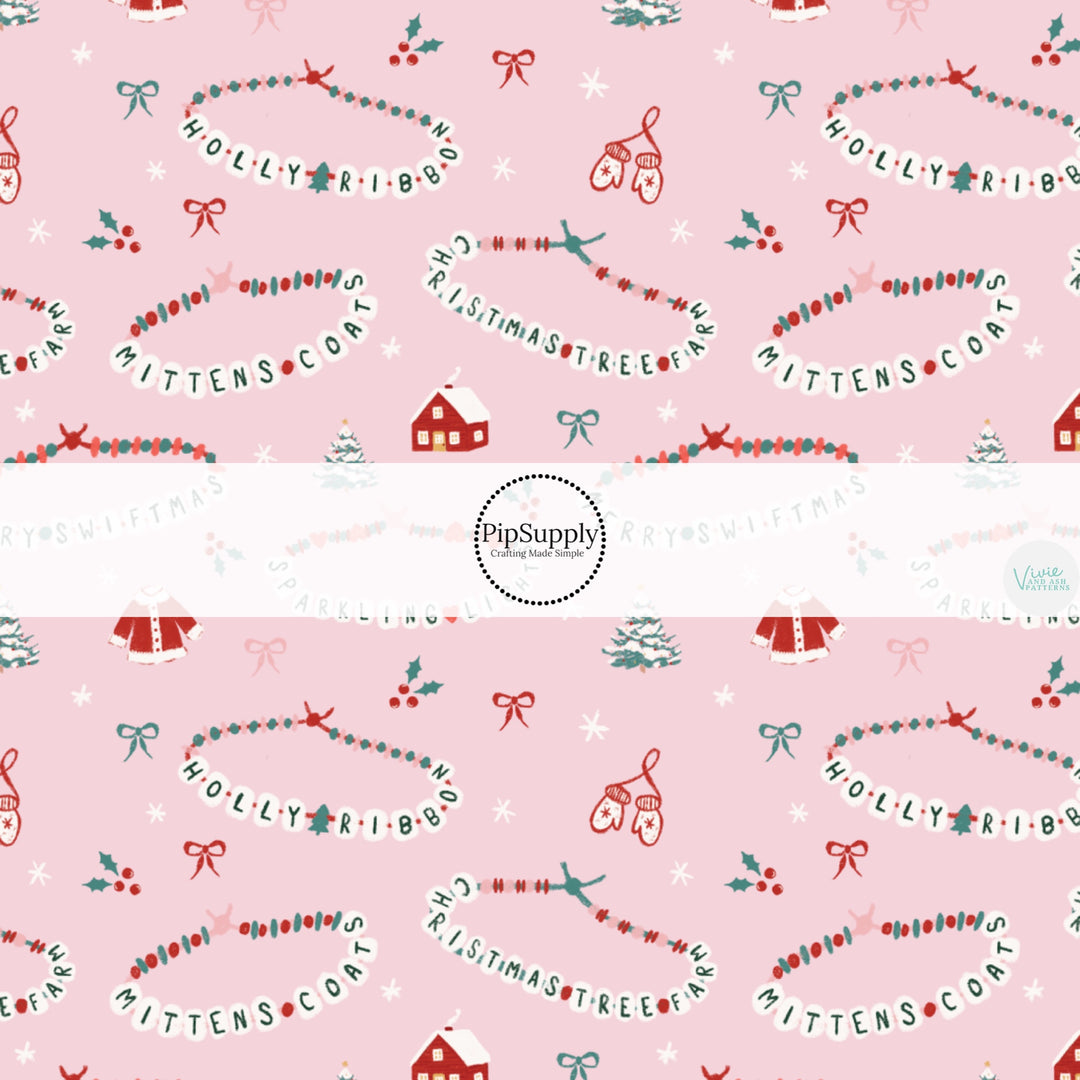 These Christmas themed pattern fabric by the yard features the following design elements: Christmas friendship bracelets on pink. This fun themed fabric can be used for all your sewing and crafting needs!